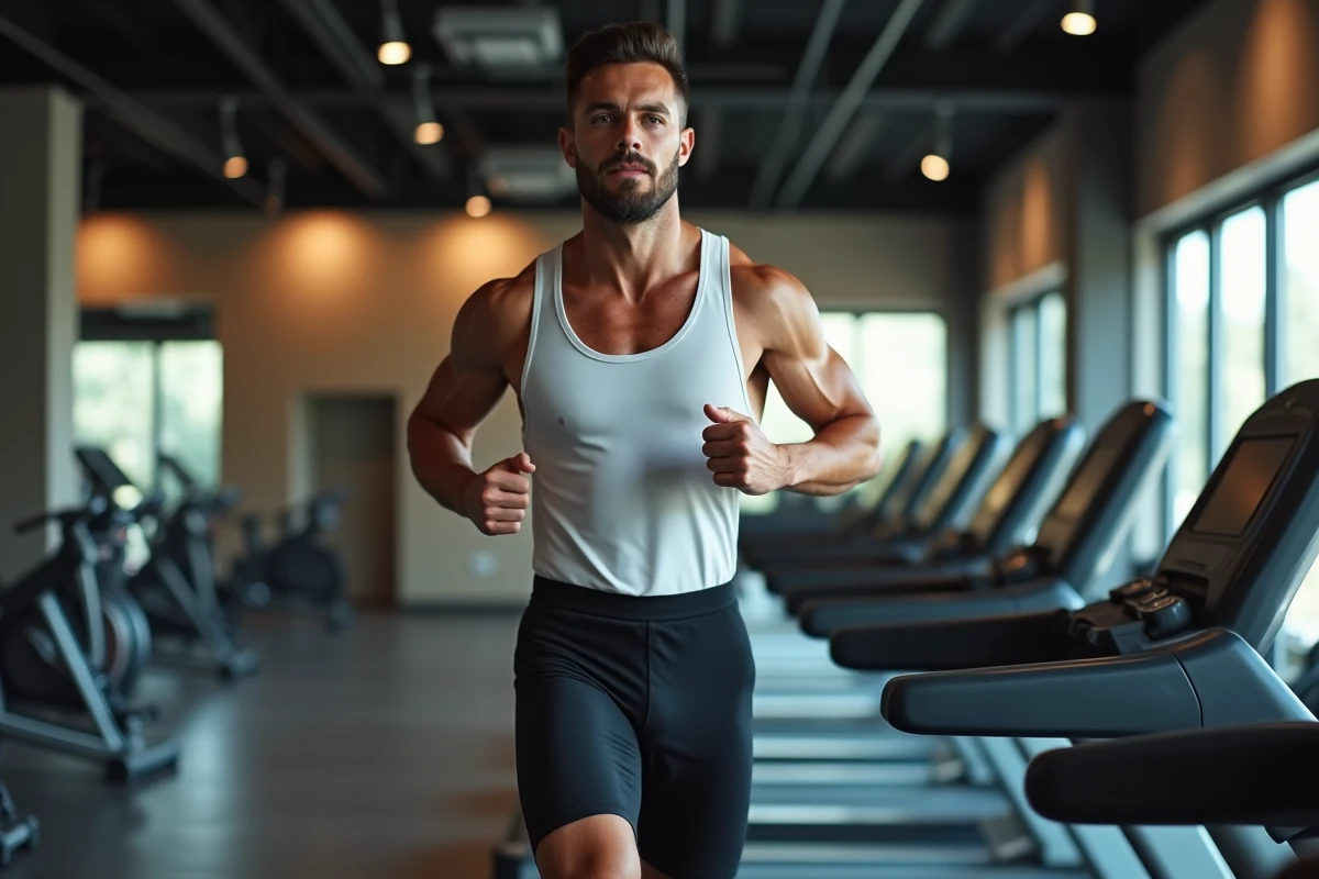 Homme en plein effort sur un tapis de course dans une salle de sport pour améliorer ses performances physiques