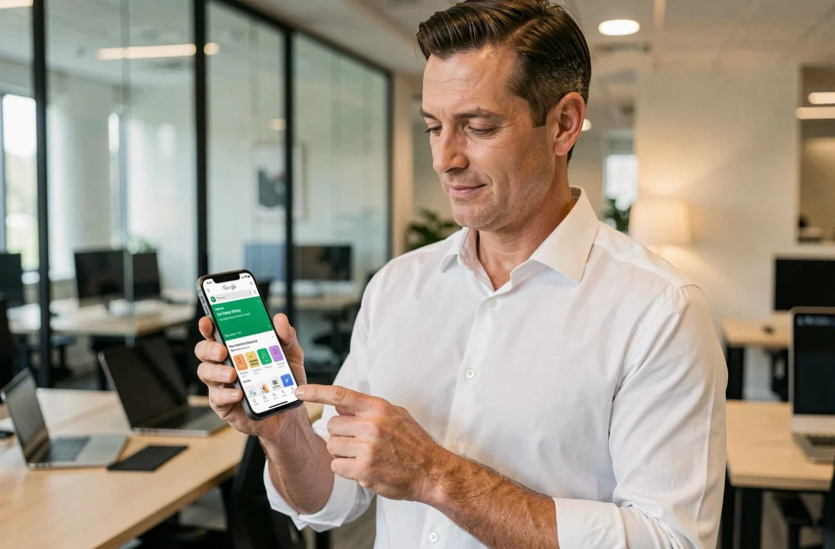 Homme professionnel téléchargeant une application RH sur smartphone Android depuis le Google Play Store au bureau