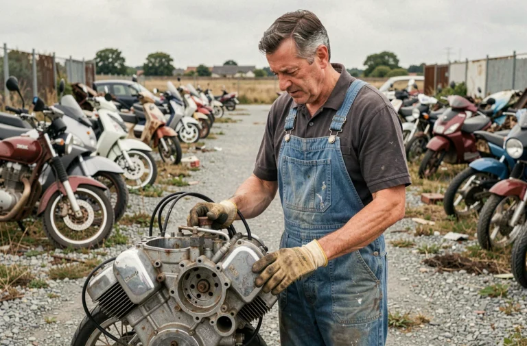 Homme inspectant un moteur de moto dans une casse automobile en France