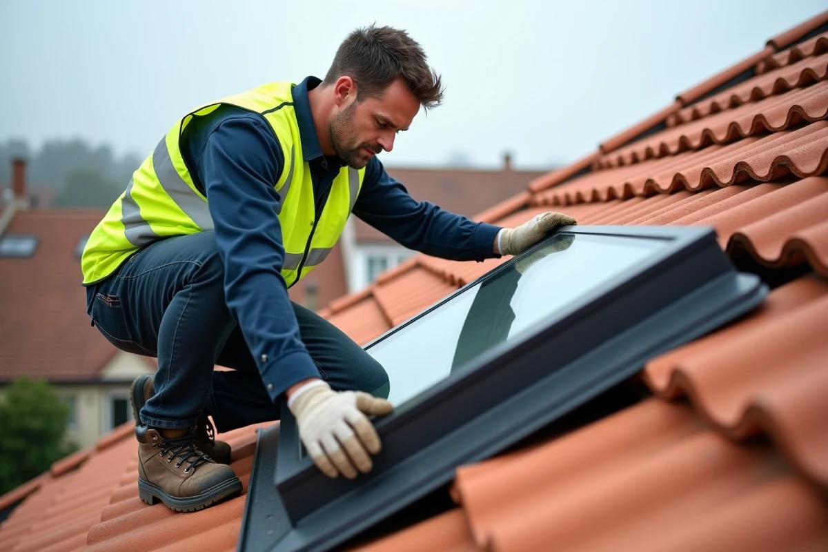 Artisan posant un velux sur une toiture en tuiles lors d'une rénovation résidentielle