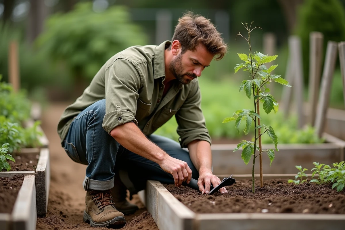Jardinier examinant la terre aérée par une grelinette dans un potager en carrés