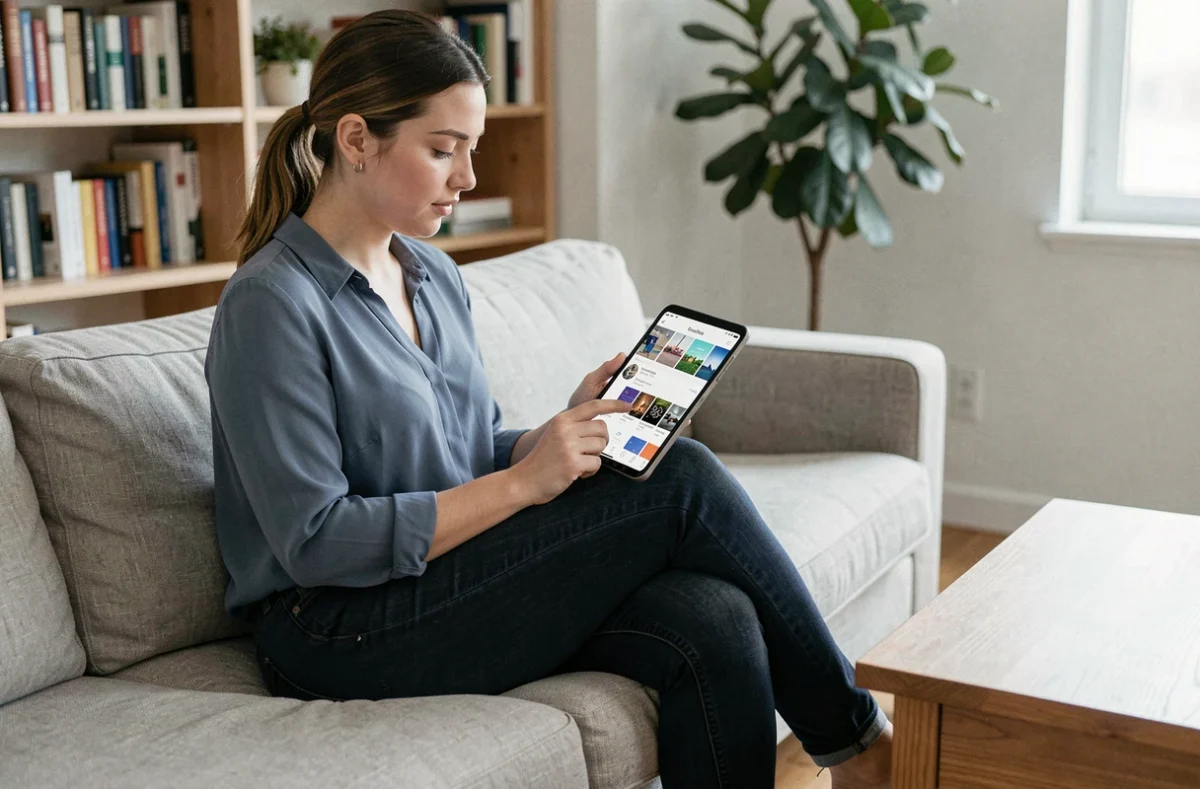 Jeune femme installant une application mobile sur smartphone Android depuis son salon avec une tablette posée à côté