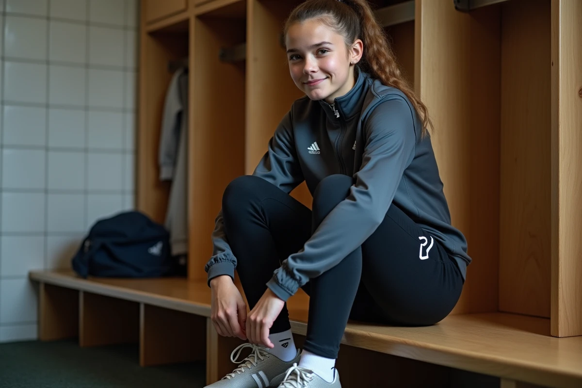 Jeune femme en vestiaire lace ses crampons avec concentration