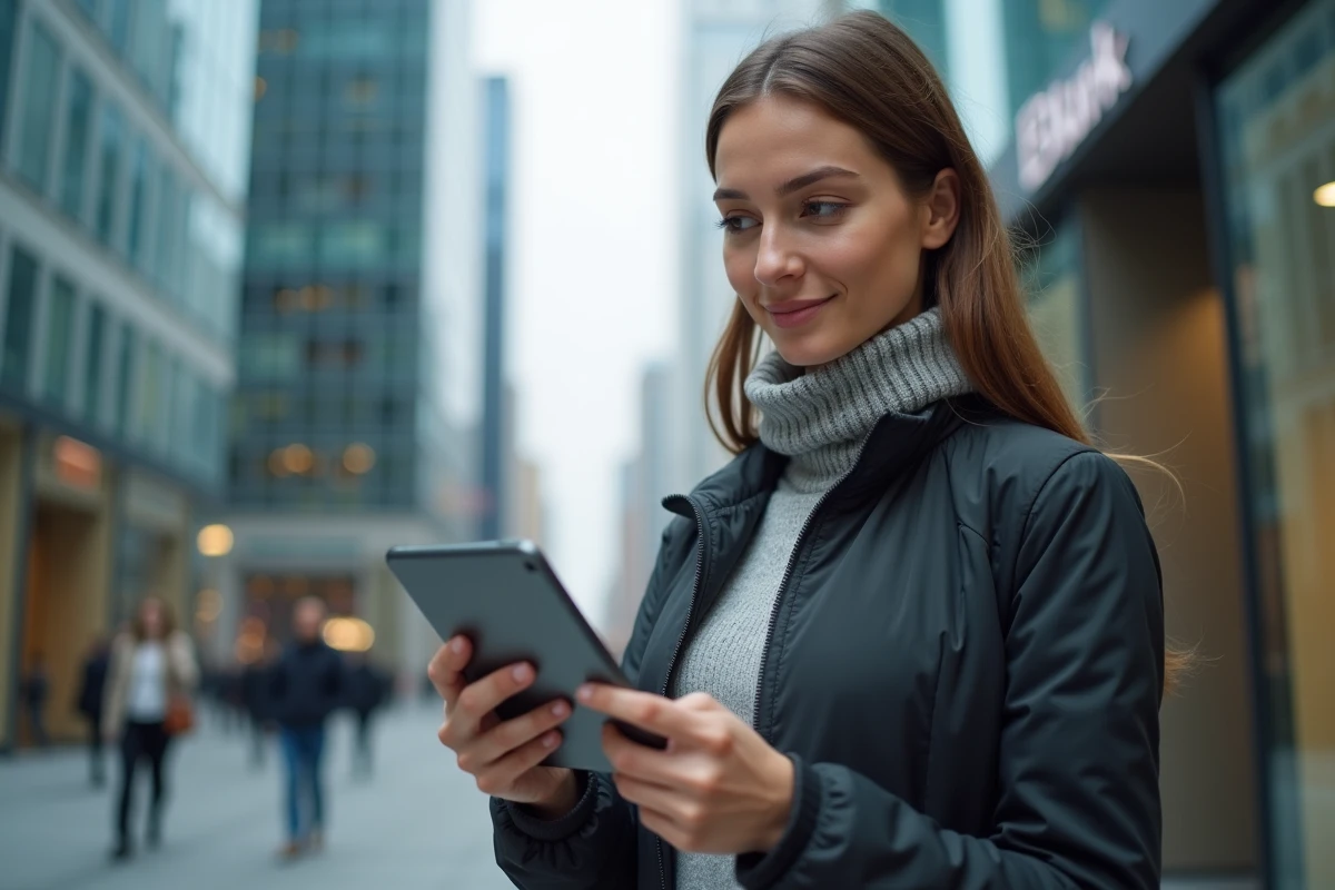 Jeune femme utilisant une tablette dans un environnement urbain financier