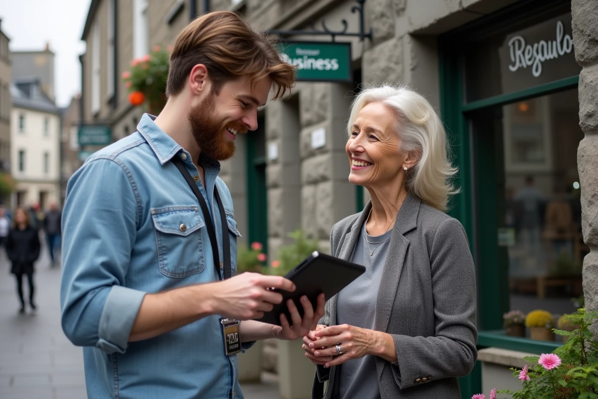 Jeune homme montrant un site web à une commerçante bretonne