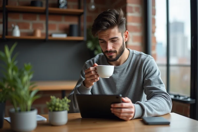 Jeune homme lisant des actualités tech sur une tablette à la maison