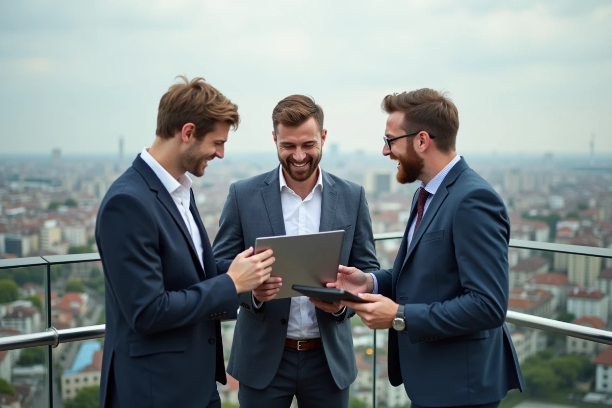 Groupe de jeunes entrepreneurs discutant en terrasse urbaine