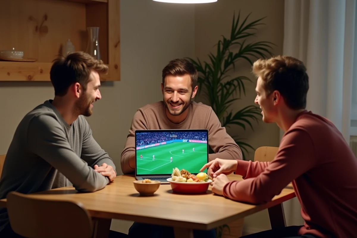 Des amis regardant une journée de Ligue 1 avec le pass Ligue 1+ sans engagement sur un ordinateur portable