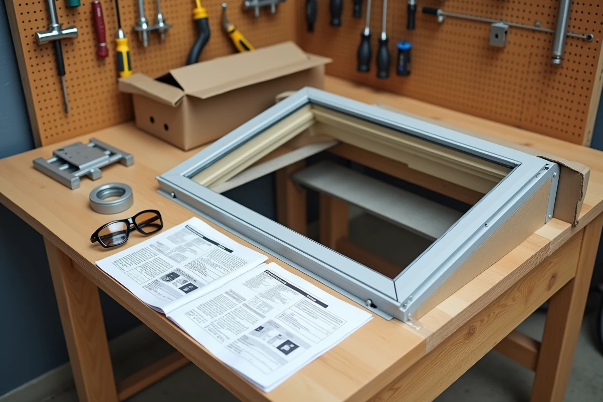 Matériel de pose velux Brico Dépôt disposé sur un établi avec notice d'installation et outils