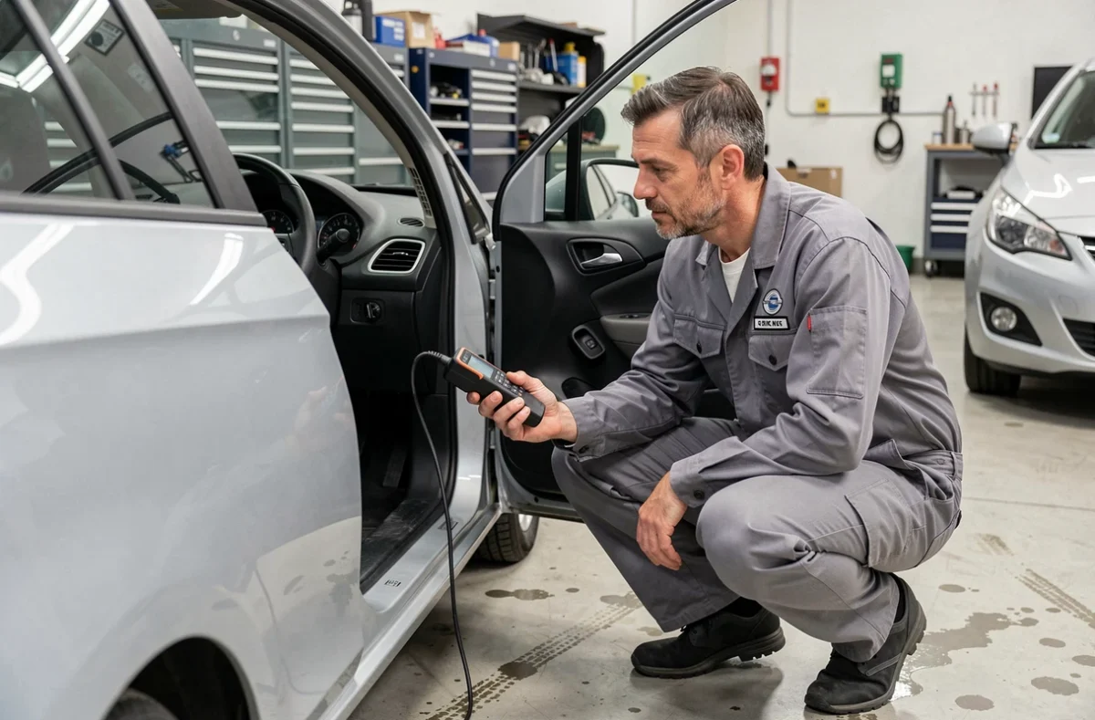 Mécanicien diagnostiquant un voyant clé orange sur une Opel Corsa avec un outil de diagnostic OBD