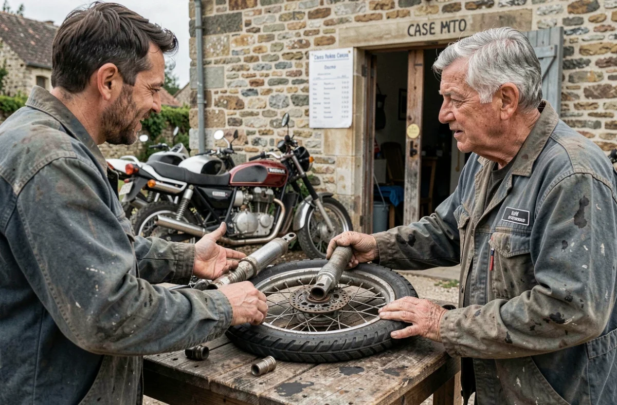 Deux mécaniciens négociant le prix de pièces moto dans une casse rurale française