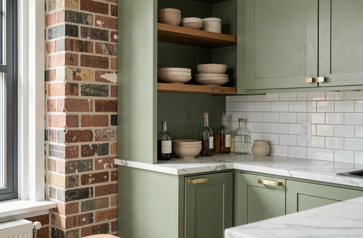 Cuisine tendance avec armoires vert sauge, étagères ouvertes et vaisselle artisanale, nouvelles tendances aménagement intérieur