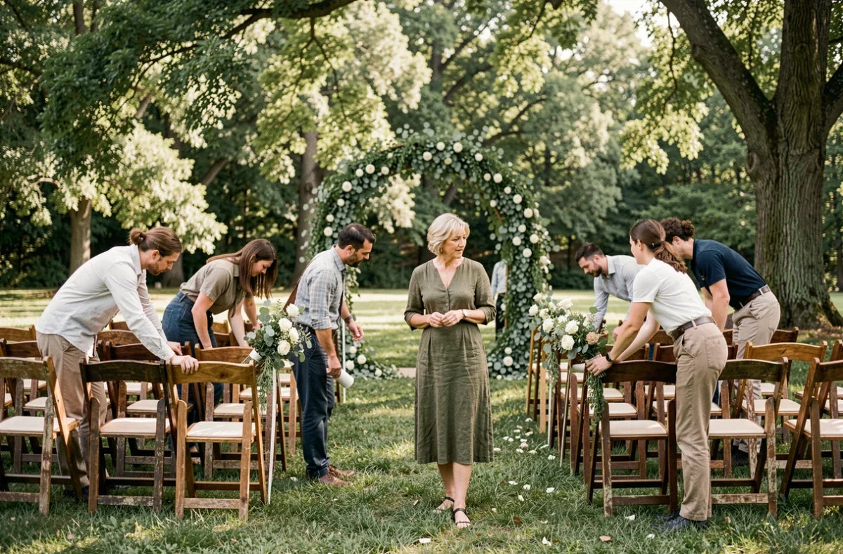 Coordinatrice de mariage supervisant la mise en place d'une cérémonie en plein air avec arche fleurie
