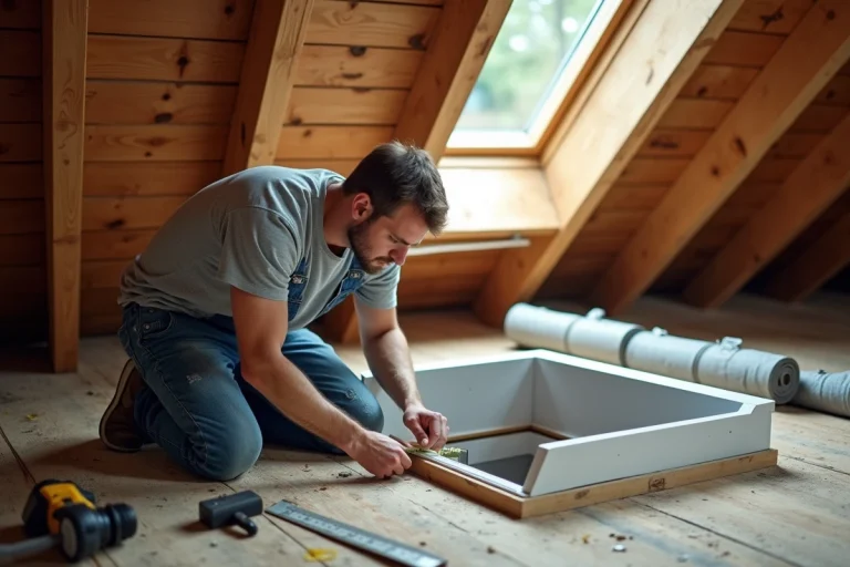 Homme en train de mesurer l'ouverture de toiture pour poser un velux Brico Dépôt dans un grenier