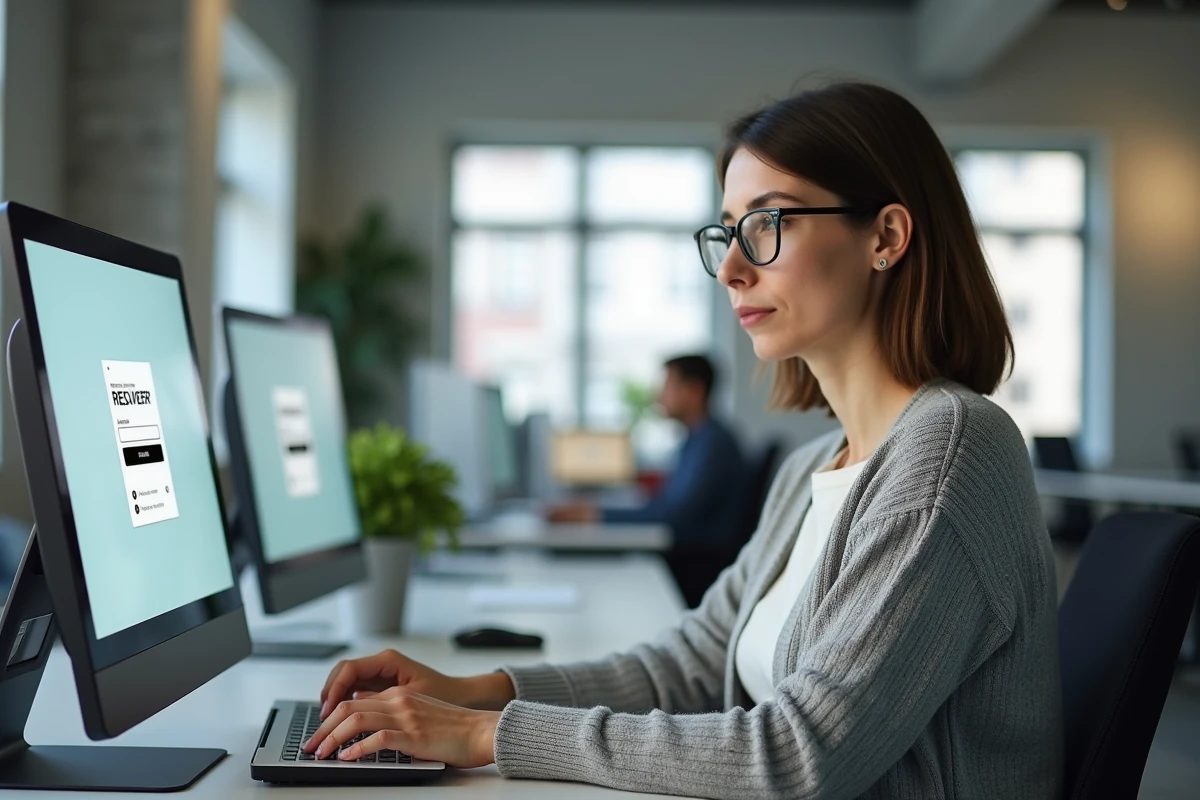 Une femme récupérant ses identifiants de connexion ITEA sur un ordinateur de bureau en espace de coworking