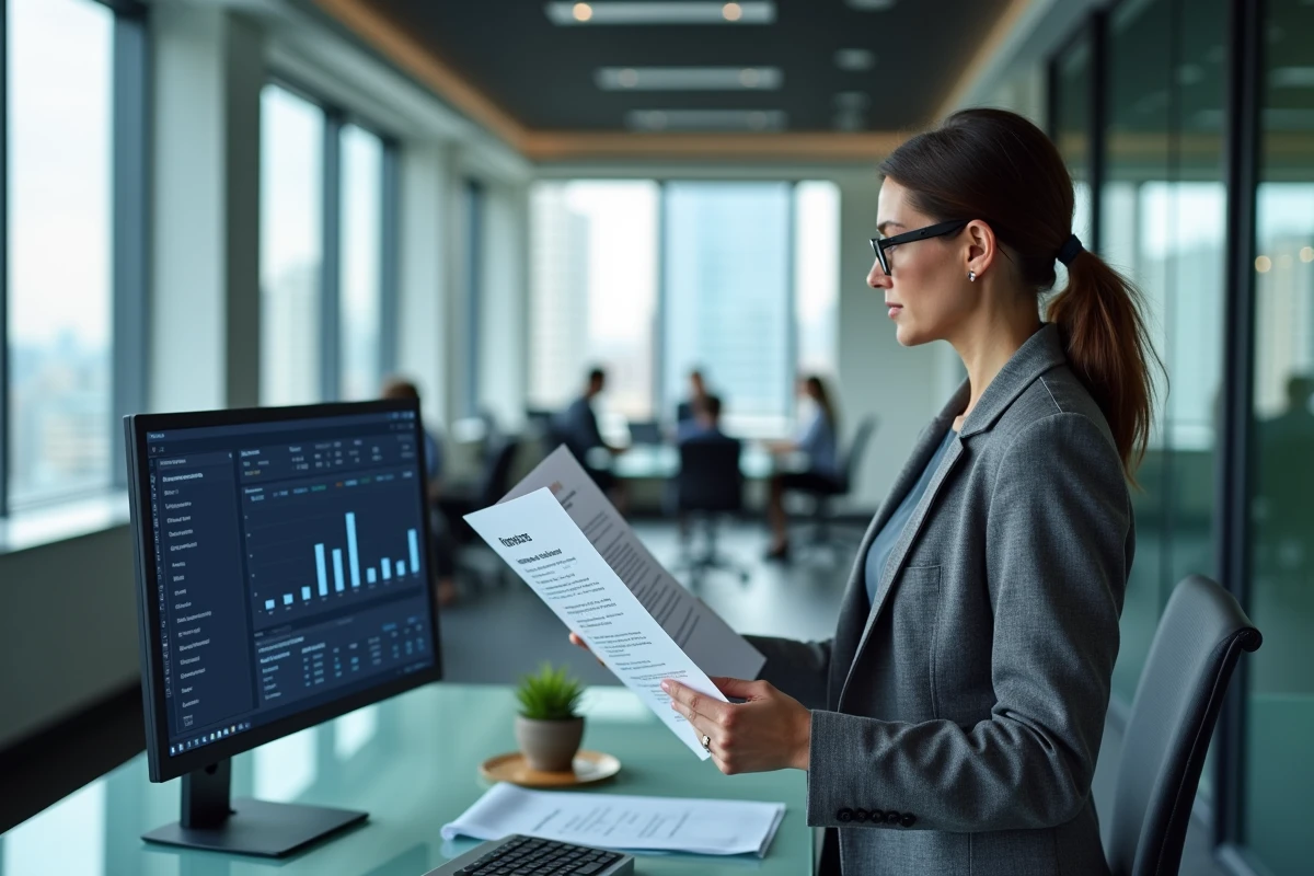 Femme professionnelle en costume examinant un rapport sur les services de transfert de fonds internationaux dans un bureau corporate