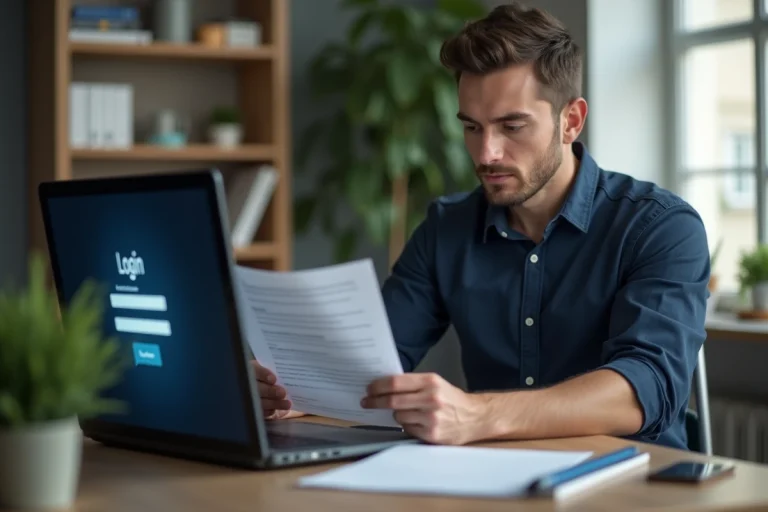 Un homme consultant ses codes de connexion ITEA sur son ordinateur portable dans un bureau à domicile