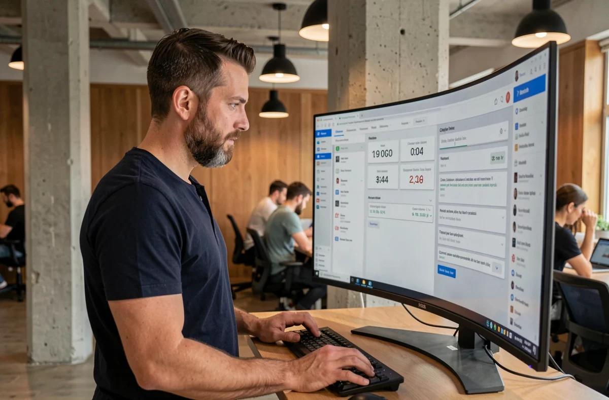 Rédacteur SEO analysant des métriques de comptage de caractères sur un grand écran dans un espace de coworking