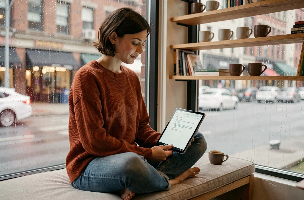 Jeune rédactrice utilisant un compteur de caractères sur tablette dans un café urbain chaleureux