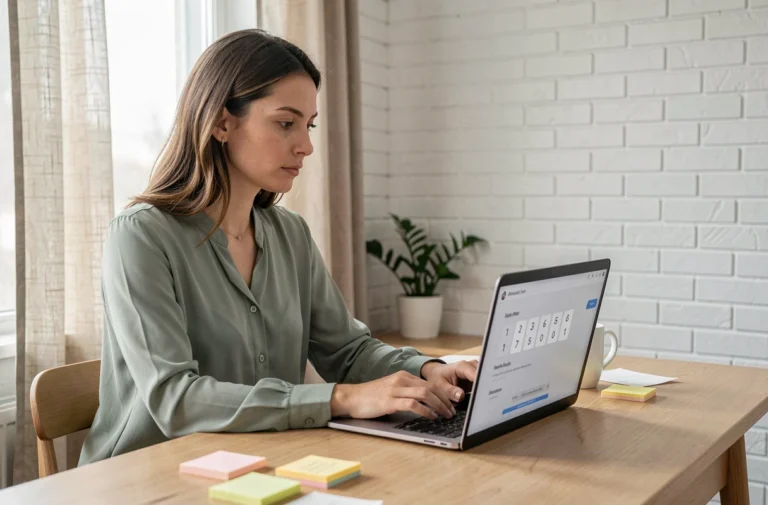 Rédactrice web utilisant un compteur de caractères sur son ordinateur portable dans un bureau moderne à domicile