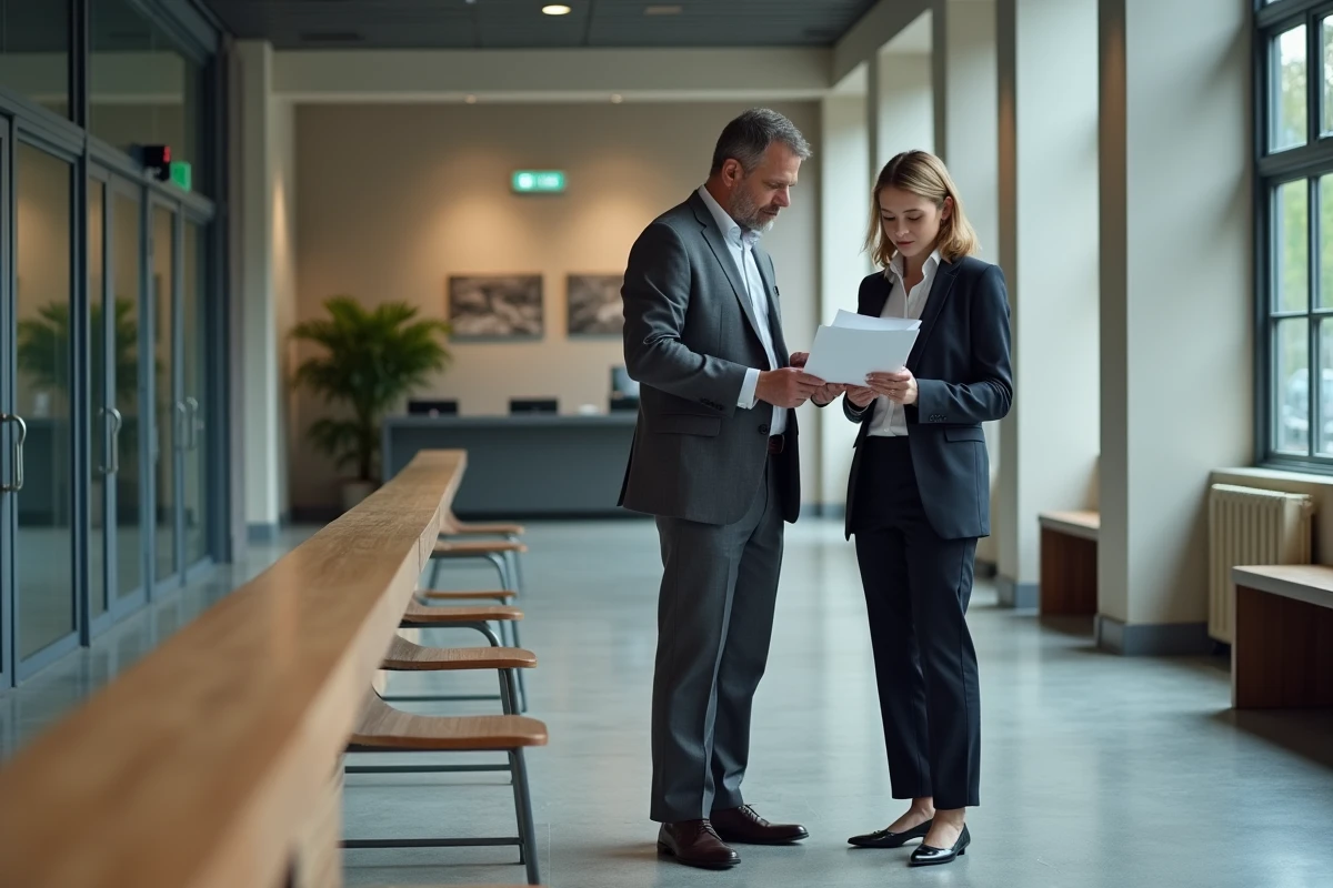 Homme d affaires et femme discutant dans un couloir administratif