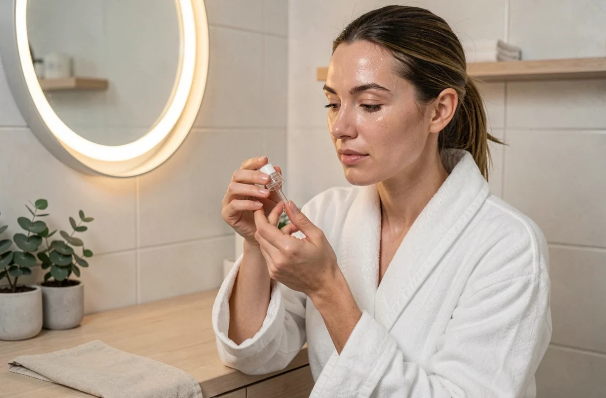 Femme appliquant un sérum visage devant un miroir dans une salle de bain minimaliste moderne