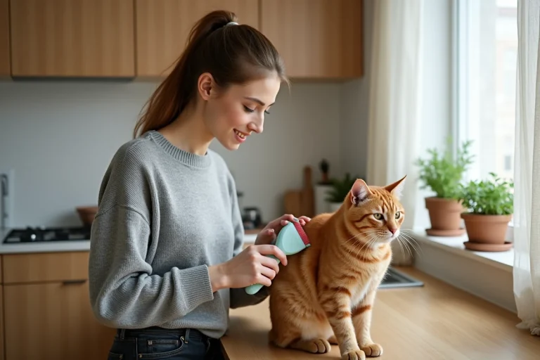 Jeune femme brossant un chat roux tigré sur un comptoir de cuisine en bois, soin quotidien du pelage
