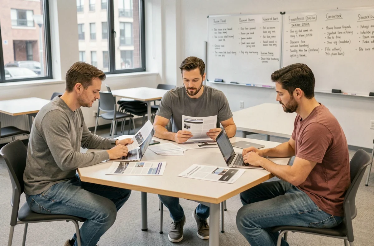 Groupe de stagiaires en formation professionnelle dans une salle de cours moderne