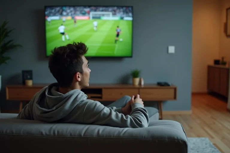 Un homme regardant un match de football en streaming sur sa télévision dans son salon moderne