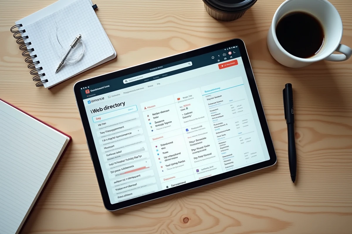 Vue aérienne d'une tablette affichant un annuaire de téléchargement entourée de notes manuscrites et d'un carnet de comparaison