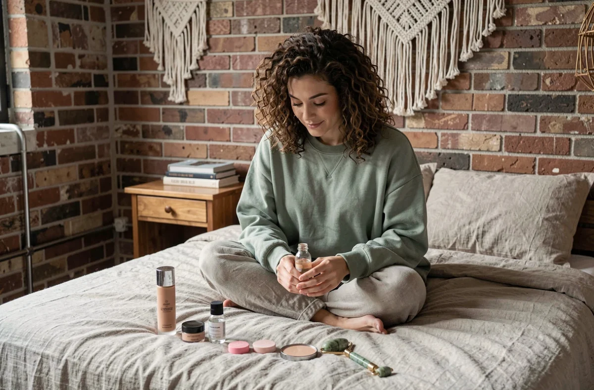 Jeune femme entourée de produits de beauté tendance sur un lit en lin dans une chambre bohème