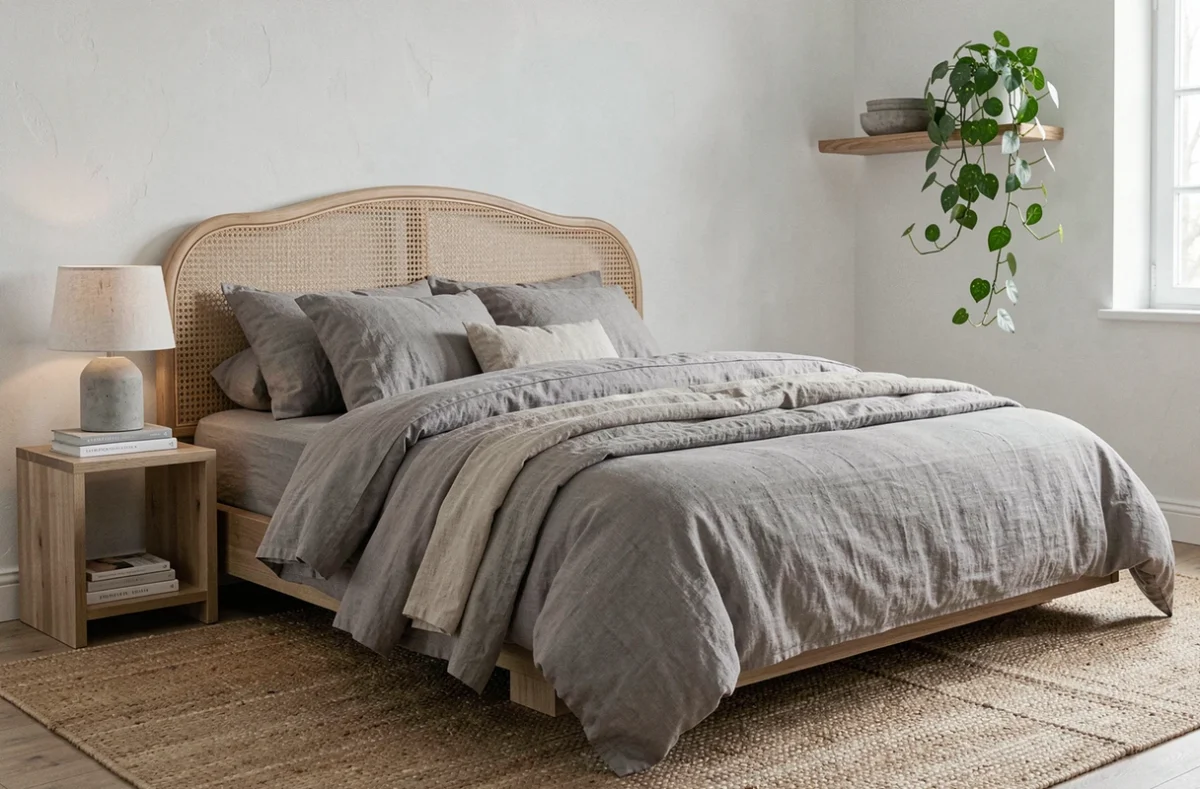 Chambre moderne avec lit plateforme en lin, tête de lit en rotin et tapis en jute, tendances décoration chambre à coucher
