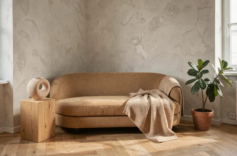 Salon scandinave moderne avec canapé en lin, vase en céramique et parquet en chêne, illustrant les tendances déco maison