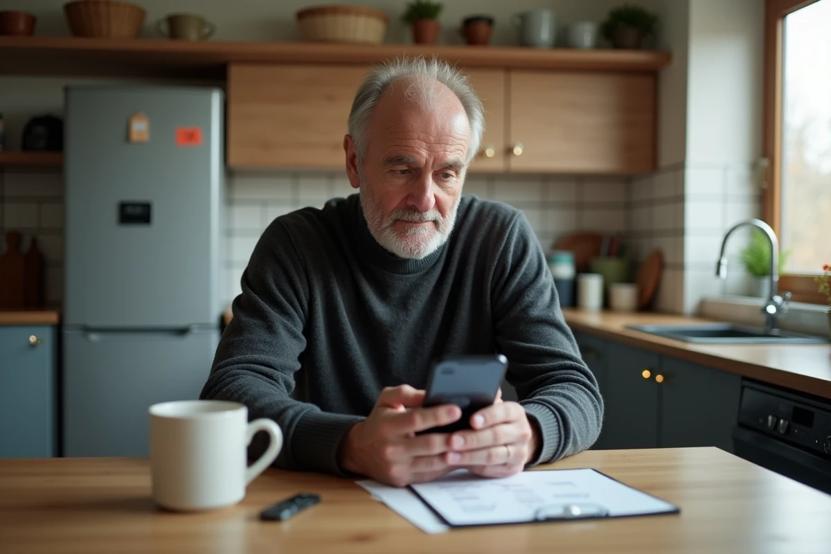 Homme vérifiant une liste de précautions sur smartphone pour un service de transfert d'argent à domicile
