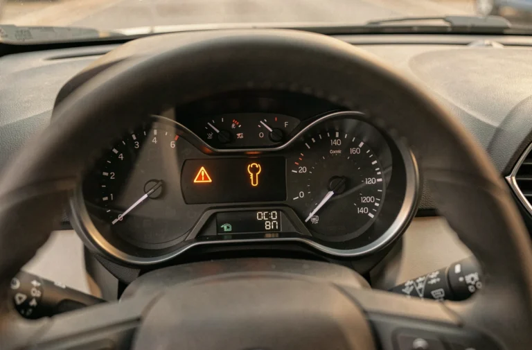 Voyant clé orange allumé sur le tableau de bord d'une Opel Corsa, vue conducteur